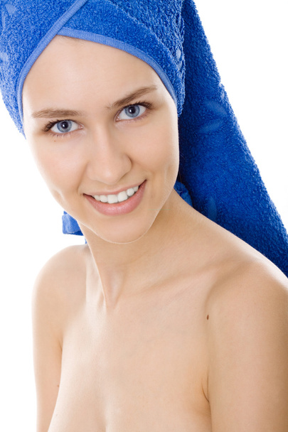 Portrait of smile woman wrapped towel isolated on white backgrou - Фото, изображение