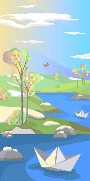 Весенний пейзаж с оттепелью, деревья, луга, река, бумажные лодки, поющие птицы, голубое небо и облака, векторная иллюстрация в плоском простом стиле, фон для баннера, открытки, плаката и рекламы
 - Вектор,изображение