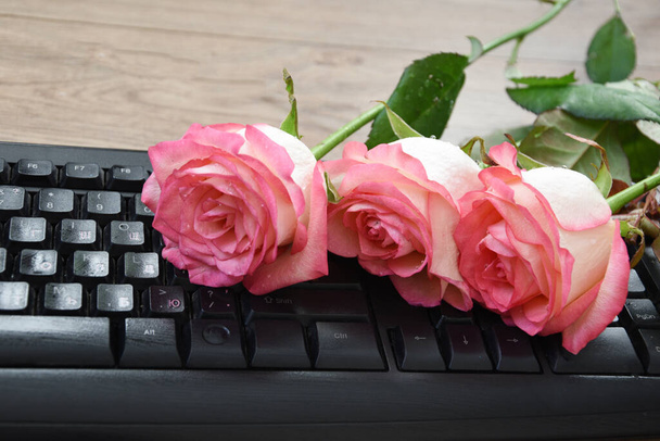 Op een zwart toetsenbord staan drie roze rozen, fris, vers gesneden met dauw. Briefkaart naar de dag van een programmeur of computerliefhebber. - Foto, afbeelding
