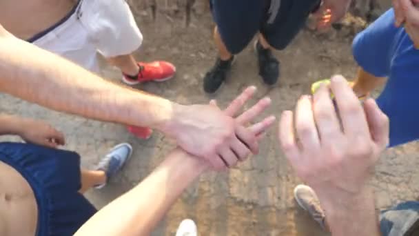Many male hands getting together. Team of athletes putting arms together outdoor. Group of people joining hands together outside. Friends forming arms stack at nature. Teamwork Close up Top view - Footage, Video