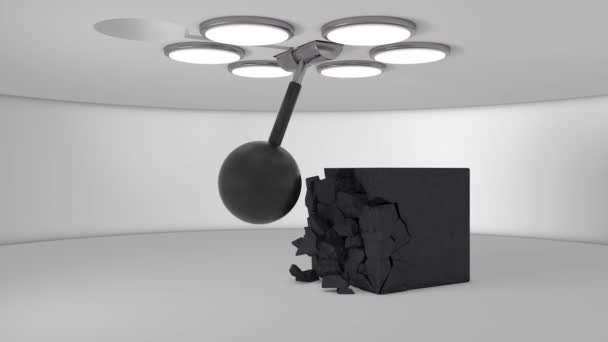 3D animace bílé místnosti s krychlovým antracitovým kamenem a ničení uhlí kulatým padajícím nárazovým strojem. - Záběry, video