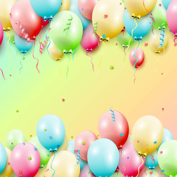 Birthday template with colorful birthday balloons and confetti on rainbow background - Vetor, Imagem