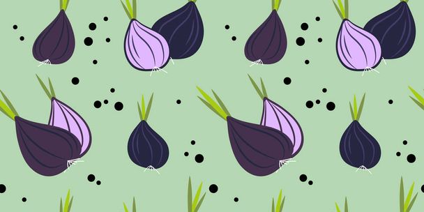 seamless pattern with violet and red chopped onions and black pepper on a green background. Modern abstract design for paper, cover, fabric, interior decor - Vector, Image