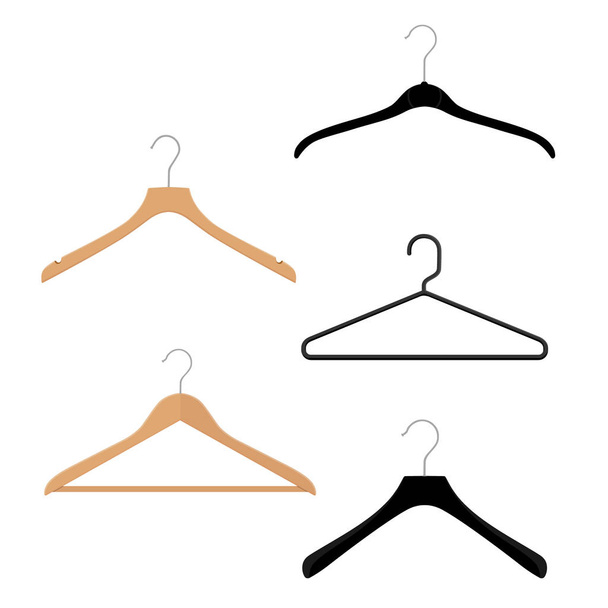 Wooden, plastic and metal wire coat hangers, clothes hanger on a white background - Foto, Imagen