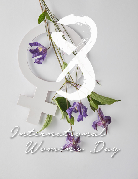vista superior de flores violetas y signo de venus sobre fondo blanco, ilustración del día internacional de la mujer
  - Foto, Imagen