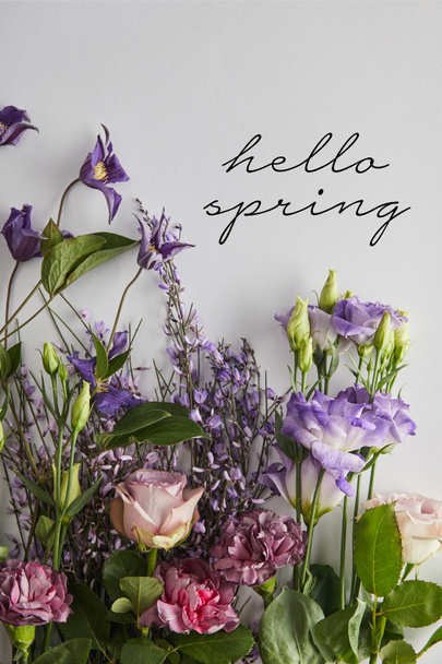 top view of flowers on white background, hello spring illustration - Φωτογραφία, εικόνα