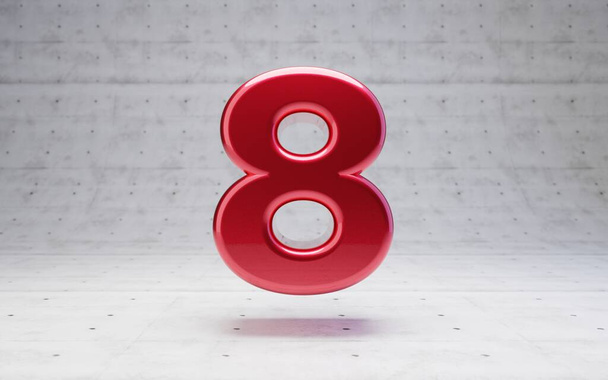 Red number 8. Metallic red color digit isolated on concrete background. 3D rendering. - Fotó, kép