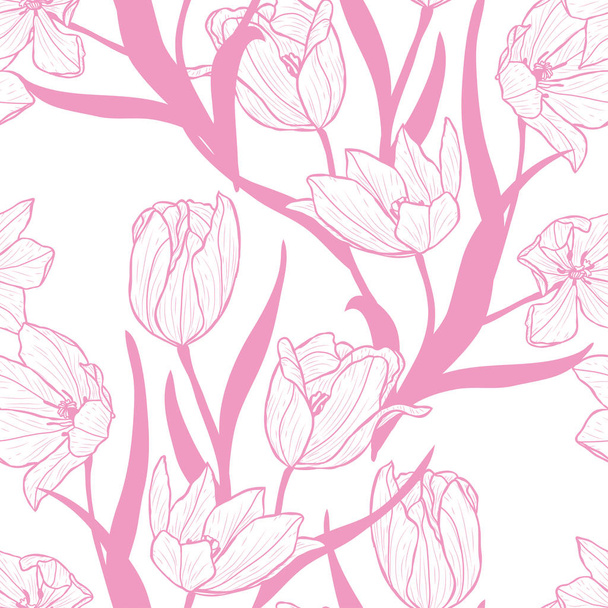 Elegant seamless pattern with tulip flowers, design elements. Floral  pattern for invitations, cards, print, gift wrap, manufacturing, textile, fabric, wallpapers - Вектор,изображение