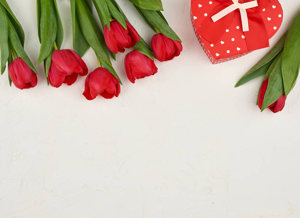 bukiet czerwonych kwitnących tulipanów z zielonymi liśćmi, prezent związany z jedwabną czerwoną wstążką na białym tle, widok z góry. Uroczyste tło na urodziny, Walentynki - Zdjęcie, obraz