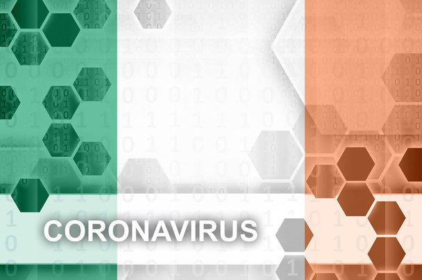 Írország zászló és futurisztikus digitális absztrakt kompozíció Coronavirus felirattal. Covid-19 vírus kitörésének koncepciója - Fotó, kép