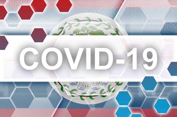 Belize zászló és futurisztikus digitális absztrakt kompozíció Covid-19 fehér felirattal. Coronavirus járványkitörés fogalma - Fotó, kép