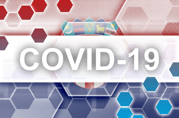 Croatia flag and futuristic digital abstract composition with Covid-19 white inscription. Coronavirus outbreak concept - Photo, Image