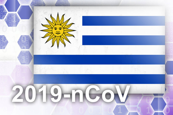 Uruguay flag and futuristic digital abstract composition with 2019-nCoV inscription. Covid-19 virus outbreak concept - Photo, Image