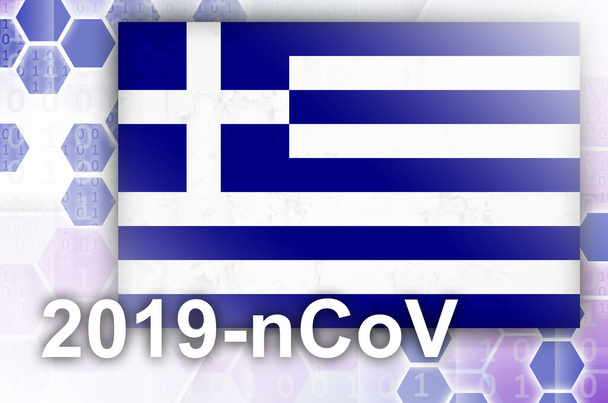 Греческий флаг и футуристическая цифровая абстрактная композиция с надписью 2019-nCoV. Концепция вспышки вируса Covid-19
 - Фото, изображение