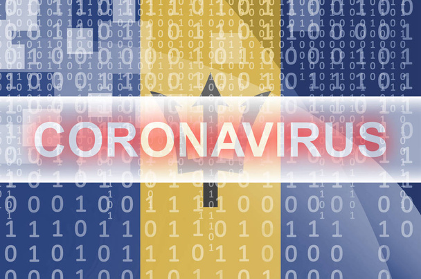 Barbados flag and futuristic digital abstract composition with Coronavirus white inscription. Covid-19 virus outbreak concept - Photo, Image