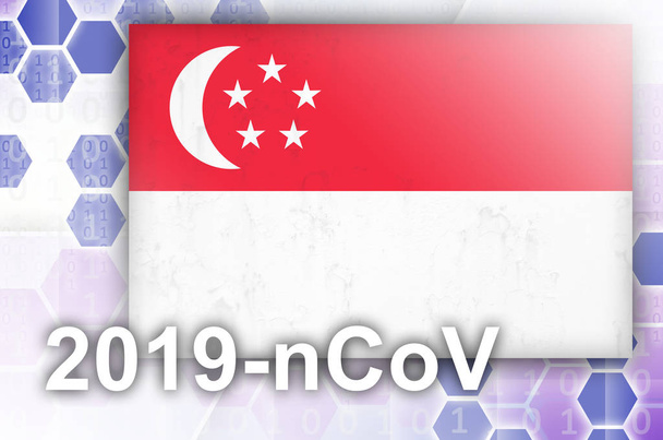 Szingapúr zászló és futurisztikus digitális absztrakt kompozíció 2019-nCoV felirattal. Covid-19 vírus kitörésének koncepciója - Fotó, kép