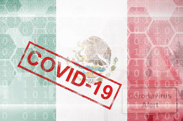 Mexická vlajka a futuristická digitální abstraktní kompozice s nápisem Covid-19. Koncepce propuknutí koronaviru - Fotografie, Obrázek