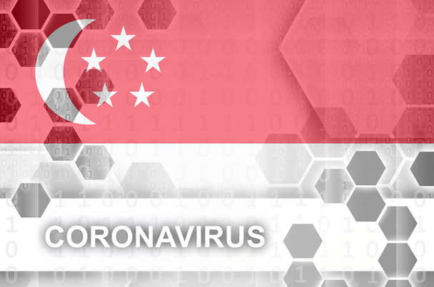 Singapur-Flagge und futuristische digitale abstrakte Komposition mit Coronavirus-Inschrift. Konzept zum Ausbruch des Covid-19-Virus - Foto, Bild