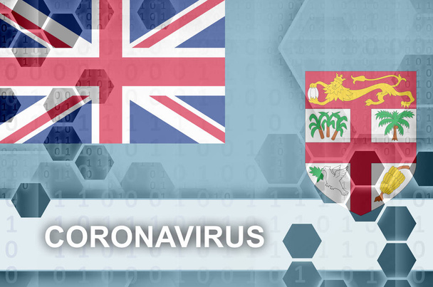 Flaga Fidżi i futurystyczna cyfrowa abstrakcyjna kompozycja z napisem Coronavirus. Koncepcja wybuchu wirusa Covid-19 - Zdjęcie, obraz