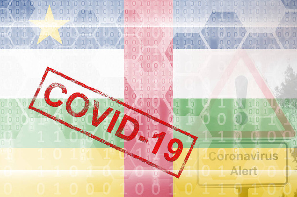 Bandera de la República Centroafricana y composición abstracta digital futurista con inscripción Covid-19. Concepto de brote de coronavirus
 - Foto, imagen