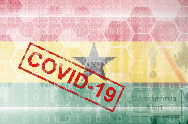 Flaga Ghany i futurystyczna cyfrowa abstrakcyjna kompozycja z napisem Covid-19. Koncepcja ogniska koronawirusu - Zdjęcie, obraz