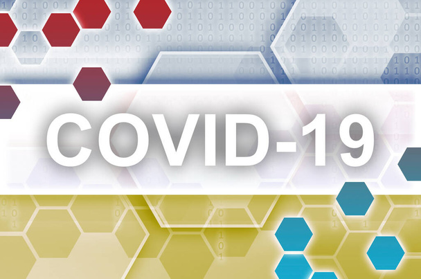 Ukrajna zászló és futurisztikus digitális absztrakt kompozíció Covid-19 fehér felirattal. Coronavirus járványkitörés fogalma - Fotó, kép