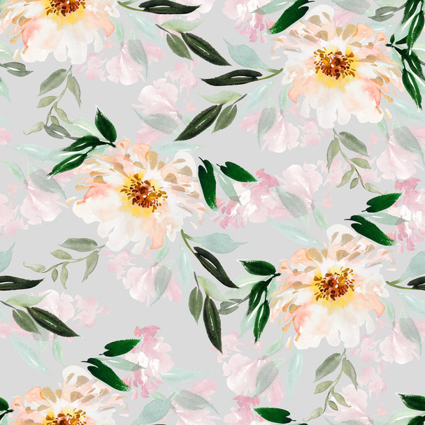 Seamless summer pattern with peonies watercolor flowers on pastel background. - Foto, imagen