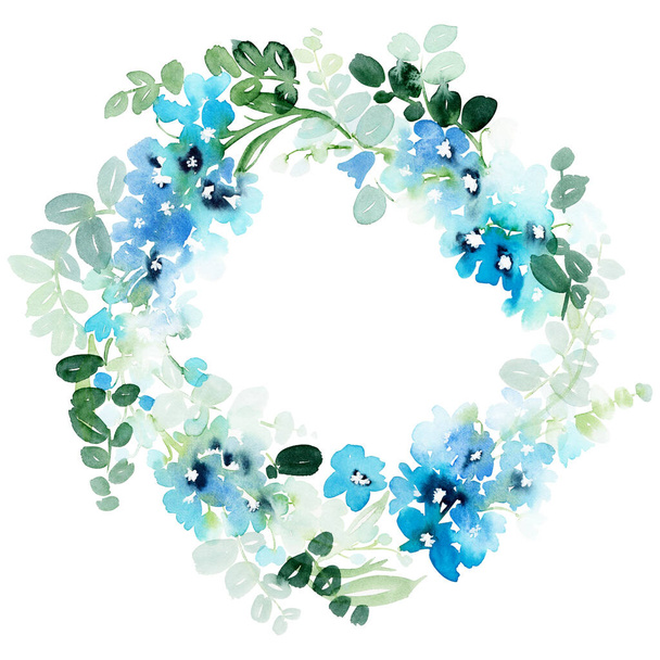 Watercolor wreath with delicate spring flowers. - Фото, изображение