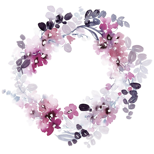 Watercolor wreath with delicate spring flowers. - 写真・画像
