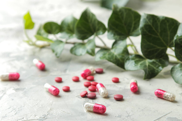 Лист плюща и таблетки на светлом бетонном столе. Производство лекарств от кашля с экстрактом плюща. фармацевтическая промышленность
 - Фото, изображение