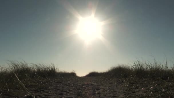 Silhoueted pár séta a homokos utat felé egy gyönyörű kék ég nap a nap ragyog fényes. - Felvétel, videó