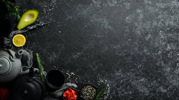 Japanese cooking background. Black stone background. Free space for your text - Foto, Bild
