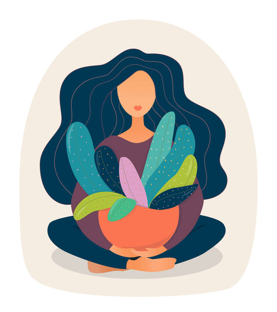 harmony with nature. young woman with long dark hair is sitting in lotus pose and holding a flowerpot with  big green house plant, flat vector illustration isolated on white - Vector, Image
