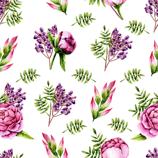 Zökkenőmentes minta akvarell rózsaszín bazsarózsa, zöld sprigs és lila bogyók. Elszigetelt kézzel festett virágok és levelek fehér tökéletes kártya készítés, vintage design és szövet textil. Illusztráció - Fotó, kép