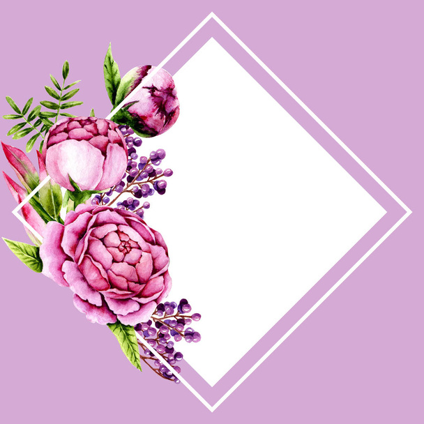 Der Garten ist reich an Aquarell-rosa Pfingstrosen, grünen Zweigen und violetten Beeren. Vorlage mit handbemalten Blumen und Blättern perfekt für Hochzeitseinladung, Grußkartenherstellung, Vintage-Design. Illustration - Foto, Bild