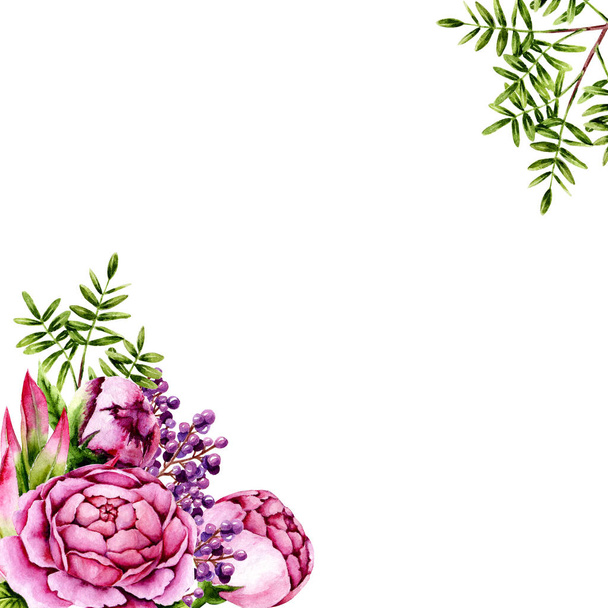 Изолированный букет акварельных пионов, веточек и ягод на белом. Шаблон с расписанными вручную цветами и листьями идеально подходит для свадебного приглашения, изготовления поздравительных открыток, винтажного дизайна. Иллюстрация
 - Фото, изображение