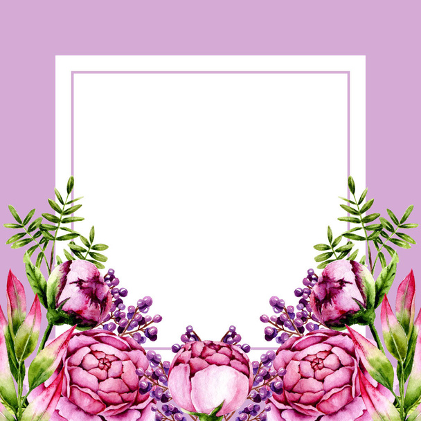 水彩ピンクの牡丹、緑の小枝と紫色の果実のカード。手描きの花と葉のテンプレートは、結婚式の招待状、グリーティングカードやヴィンテージデザインに最適です。イラスト - 写真・画像