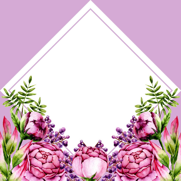 ard met aquarel roze pioenrozen, groene takjes en paarse bessen. Sjabloon met de hand geschilderde bloemen en bladeren perfect voor bruiloft uitnodiging, wenskaart maken, vintage design. Illustratie - Foto, afbeelding
