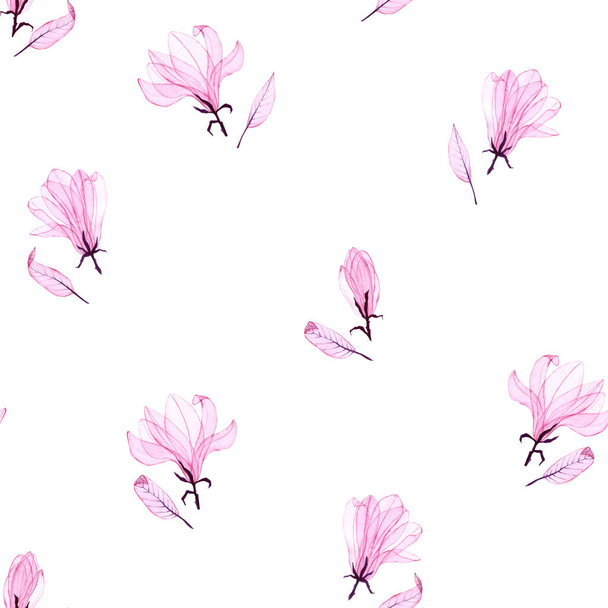 Saumaton kuvio akvarelli magnolia ja lehdet. Läpinäkyvä kukkia ja lehtiä eristetty valkoinen. Käsin maalattu kuvio sopii kangas tekstiili, leikekirja ja taustakuva. Esimerkki:
 - Valokuva, kuva