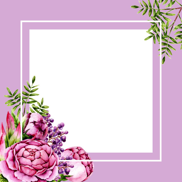 С акварельными розовыми пионами, зелеными елями и фиолетовыми ягодами. Шаблон с расписанными вручную цветами и листьями идеально подходит для свадебного приглашения, изготовления поздравительных открыток, винтажного дизайна. Иллюстрация
 - Фото, изображение