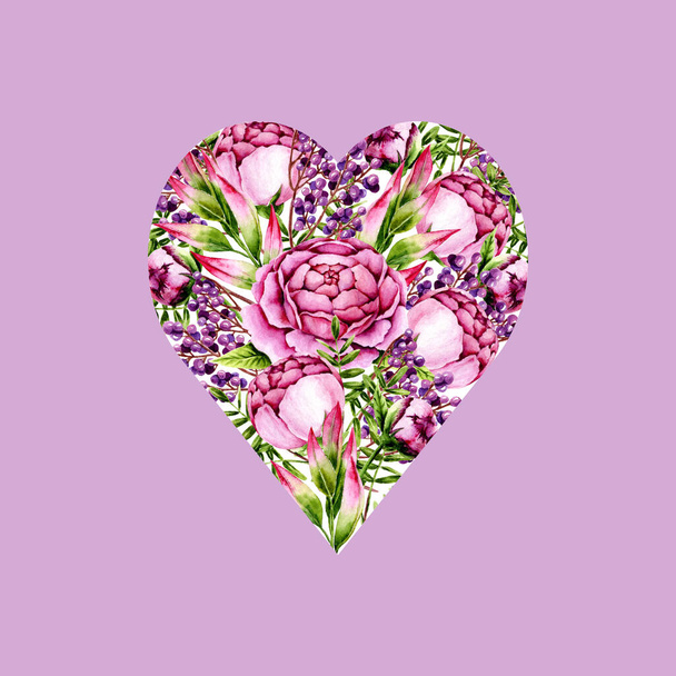 Акварельные пионы, веточки и ягоды в форме сердца. Шаблон с расписанными вручную цветами и листьями идеально подходит для свадебного приглашения, изготовления поздравительных открыток, винтажного дизайна. Иллюстрация
 - Фото, изображение