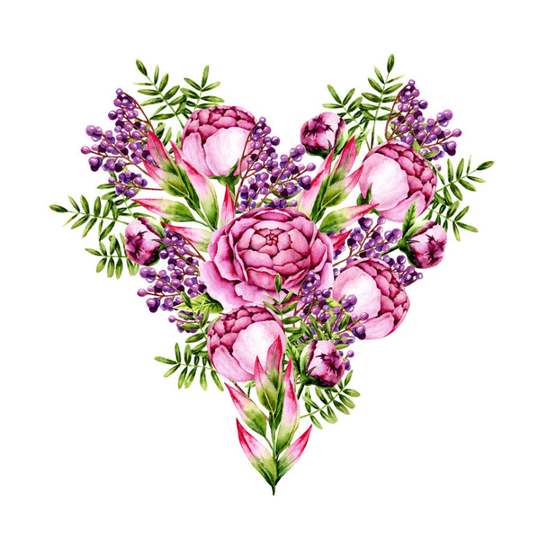 Izolált csokor akvarell bazsarózsa, sprigs és bogyók szív alakú fehér. Sablon kézzel festett virágok és levelek tökéletes esküvői meghívó, üdvözlőlap készítés, vintage design. Illusztráció - Fotó, kép