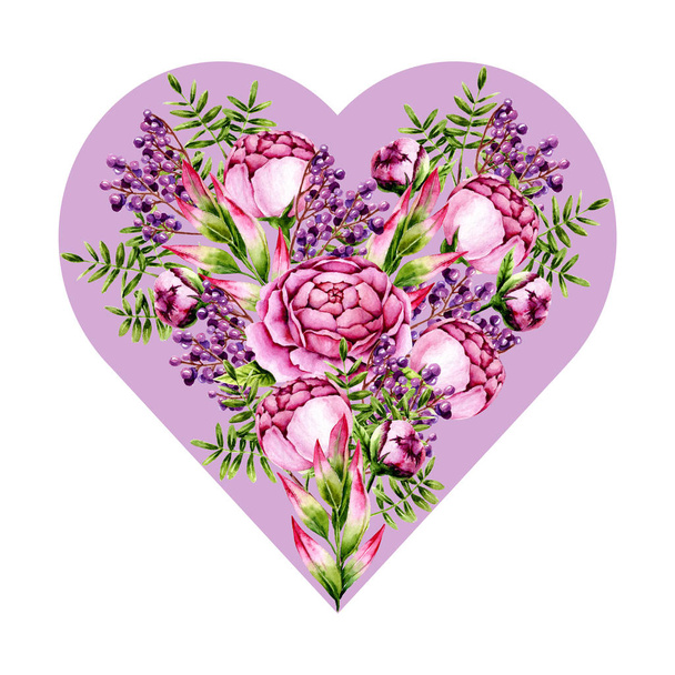 Акварельные пионы, веточки и ягоды в форме сердца. Шаблон с расписанными вручную цветами и листьями идеально подходит для свадебного приглашения, изготовления поздравительных открыток, винтажного дизайна. Иллюстрация
 - Фото, изображение