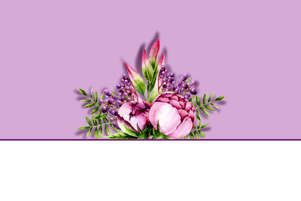 С акварельными розовыми пионами, зелеными елями и фиолетовыми ягодами. Шаблон с расписанными вручную цветами и листьями идеально подходит для свадебного приглашения, поздравительной открытки, винтажного дизайна. Иллюстрация
 - Фото, изображение
