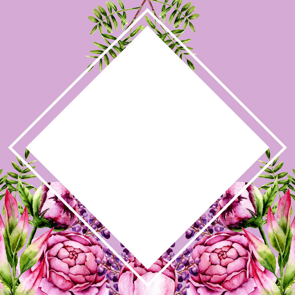 水彩ピンクの牡丹、緑の小枝と紫の果実の庭。手描きの花と葉のテンプレートは、結婚式の招待状、グリーティングカード作り、ヴィンテージデザインに最適です。イラスト - 写真・画像