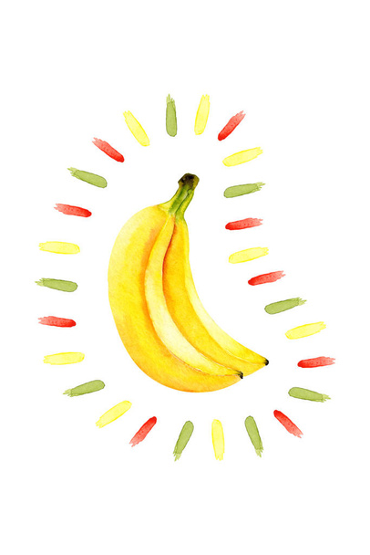 Bananas aquarela e pontos coloridos abstratos. Isolado ilustração brilhante em branco. Frutas pintadas à mão e pinceladas perfeitas para design moderno, cartaz, tecido têxtil, cartão postal, papel de parede
 - Foto, Imagem