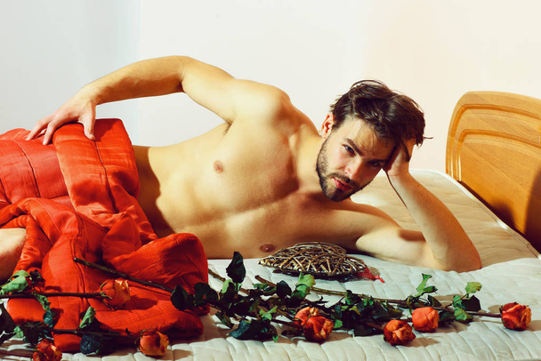 bearded macho man with roses on pink wall background - Fotografie, Obrázek