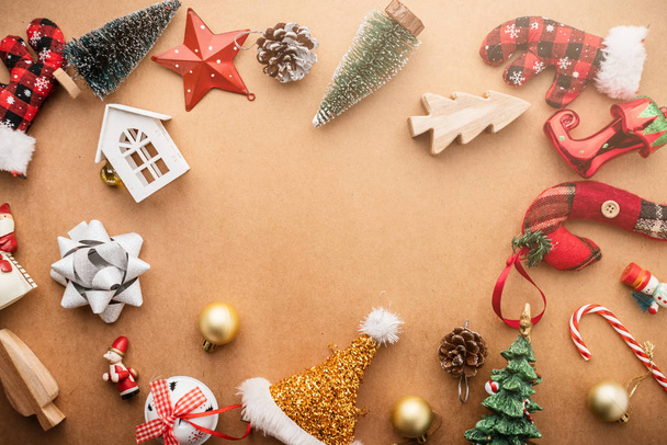 festive celebration background ideas concept with christmas eve holiday decorating items on dark vintage wooden floor with free copy space - 写真・画像