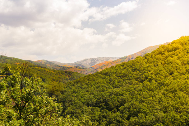 Paisagem do Vale de Jerte na Estremadura, Espanha. Vistas das belas montanhas cheias de vegetação durante um dia ensolarado com muita luz solar
. - Foto, Imagem