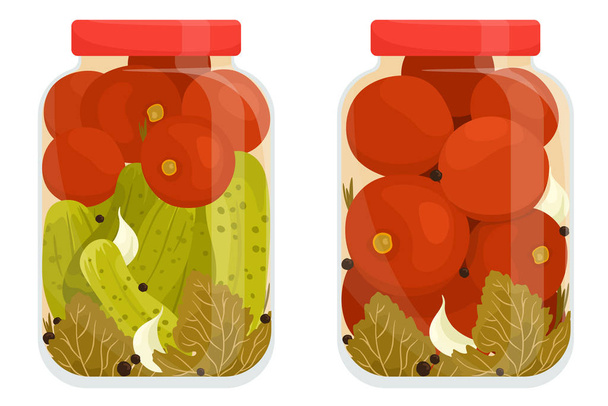 Tomato pickles and cucumbers in jars. Canned vegetables. Vector isolates in realistic style on a white background. - Vector, Image